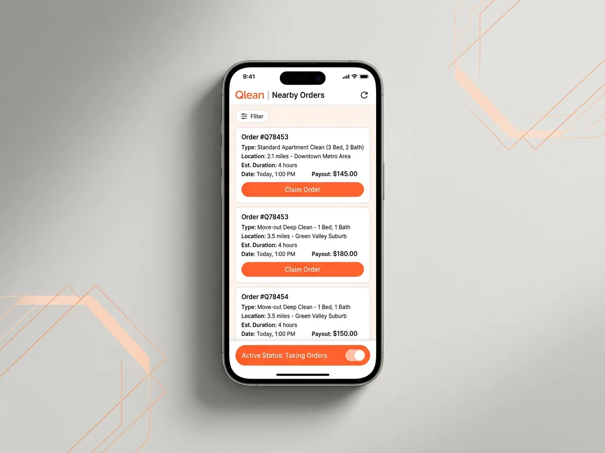 The Qlean cleaner app showing nearby orders